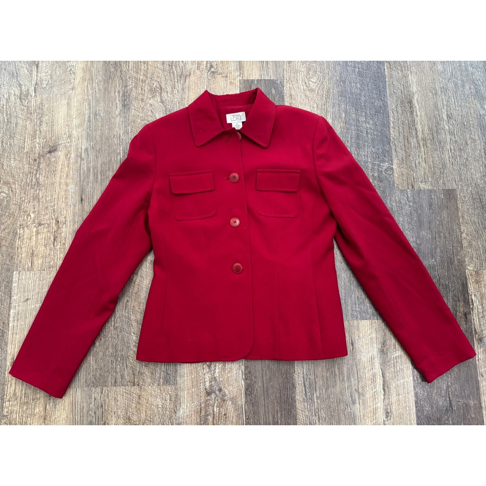 Ann Taylor Loft Red 100% Wool Blazer Jacket Size 4 Button Front Utility Pocket